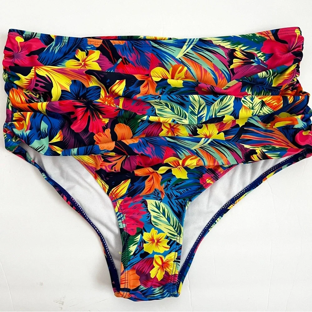 Sporlike Two Piece Swimsuit Ruffle Sleeve Blue Floral High Waist Bottoms…